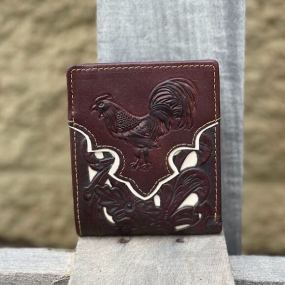 Embossed Rooster in Brown Leather with Beige Inlay Bi-Fold Wallet - Picture 1 of 3